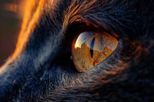 A detailed view of a cat's eye showcases vibrant colors and intricate patterns, capturing the warm hues of a sunset reflecting on its surface, set against a blurred background photo