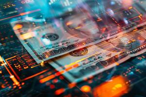 Several hundred-dollar bills rest on a digital backdrop featuring glowing graphics that symbolize financial technology and currency exchange processes photo