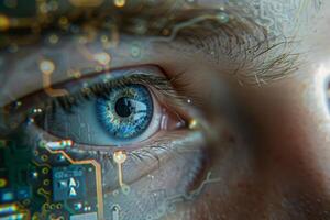 A human eye with bright blue iris details showcases intricate digital circuit patterns overlaying the surface. This highlights the blend of technology and human perception photo