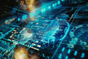 A complex digital interface is displayed, featuring various data points and network connections glowing in blue and gold hues, symbolizing technology and communication photo