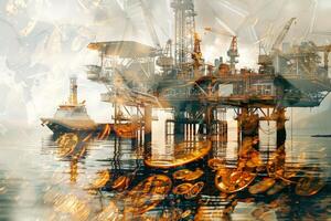 An oil rig stands tall on calm waters during sunset, with a supply vessel alongside. The image incorporates elements symbolizing industry and time, creating a dynamic view photo