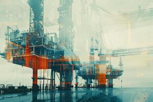 The image portrays towering oil rigs on a calm sea under an overcast sky. Their silhouettes reflect the industrial essence of energy production during twilight hours photo