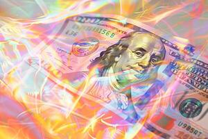A one hundred dollar bill prominently displayed at the center, surrounded by vibrant, swirling colors that create an energetic atmosphere evoking themes of wealth and finance photo