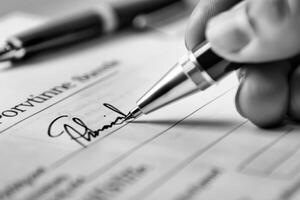 A person is meticulously signing a legal document with a silver pen, capturing the moment of finalizing an important agreement in a professional setting photo