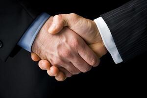 In a formal environment, two individuals grasp each other's hands firmly, signifying a successful agreement or collaboration between them photo
