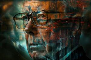 An older man with glasses gazes intently, his serious expression contrasting with vibrant digital reflections and abstract urban visuals that evoke a sense of contemplation and complexity photo