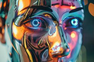 A detailed view of a sleek robotic face featuring glowing eyes and metallic colors, illuminated by colorful lights in a contemporary environment at night photo