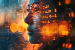 A thoughtful woman with illuminated features looks thoughtfully into the distance, surrounded by glowing binary code and soft city lights at twilight photo