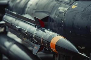 A military missile model is displayed, highlighting its intricate design and features. The setting emphasizes its engineering and technological aspects, illustrating defense capabilities photo