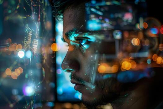A young person is deeply immersed in analyzing intricate digital information, with colorful light reflections surrounding them, creating a powerful visual experience photo