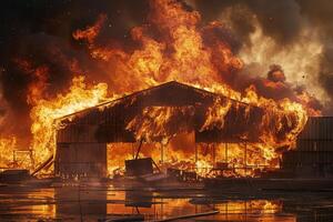 A warehouse is consumed by raging flames as thick smoke billows into the evening sky. Firefighters battle the blaze as the entire structure is obscured by fire and destruction photo