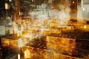 A collection of gleaming gold bars is displayed in a contemporary digital setting, illuminated by shifting light patterns that enhance the luxurious appearance photo
