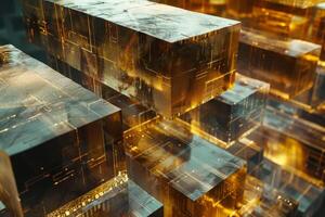 Floating golden blocks in a luminous digital landscape create an engaging atmosphere, showcasing a blend of light, reflection, and advanced technology photo