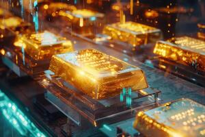 Stacks of gleaming gold bars are thoughtfully arranged in a high-tech vault, glowing under dynamic lighting effects that create a futuristic ambiance photo