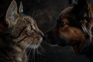 A cat and a dog are curiously facing each other, their noses almost touching, in a soft, shadowy atmosphere that highlights their expressions photo