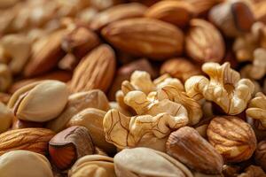A vibrant collection of assorted nuts, including almonds, walnuts, and hazelnuts, displayed together, highlighting their unique textures and colors under bright natural light photo