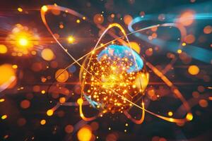 This artwork depicts a detailed representation of an atom, showcasing a glowing nucleus surrounded by swirling electrons. The bright particles create a dynamic visual effect photo