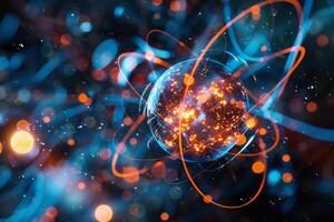 A vibrant depiction of an atom suspended in a dark, cosmic background, showcasing glowing particles and energetic pathways that illustrate atomic interactions photo