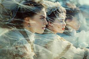 Two elegantly dressed women, surrounded by an ethereal atmosphere, appear to be lost in thought as they participate in a whimsical celebration, enhanced by flowing fabrics and soft lighting photo