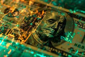 A detailed close-up captures a one-hundred-dollar bill layered over intricate digital patterns, symbolizing the fusion of traditional currency and modern technology photo