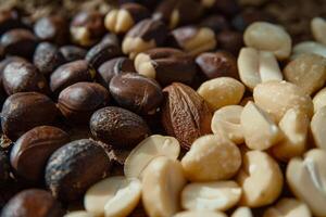 A diverse collection of raw coffee beans and various nuts is arranged on a textured wooden surface, showcasing their rich textures and colors in warm, natural light photo