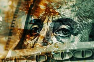 The image showcases a detailed close-up of a hundred-dollar bill, emphasizing the fine lines and textures of Benjamin Franklin's face, illuminated with artistic lighting photo