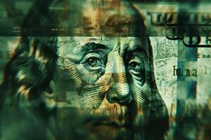 A detailed view highlights Benjamin Franklin's portrait on a one hundred dollar bill, capturing the textures and patterns of the currency with intricate artistry photo