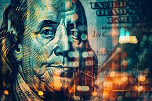 The focus is on a detailed portrait of Benjamin Franklin from a hundred-dollar bill, enhanced with colorful digital graphics symbolizing finance and technology photo