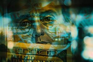 A detailed portrayal of a hundred-dollar bill captures the intricate features of the portrait amidst dynamic lighting effects, emphasizing the texture and color of the currency photo