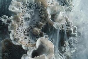 Underwater coral formations display remarkable textures and patterns, showcasing the vibrant life found at great depths in the ocean, illuminated softly photo