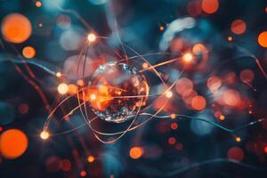 Glowing particles and atomic structures are visualized in a dark blue and orange ambiance, showcasing the intricate connections of atoms and energy interactions photo