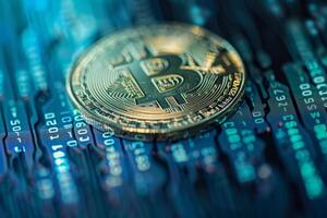 A Bitcoin coin rests on a vibrant digital backdrop filled with cascading binary code, highlighting the intersection of cryptocurrency and technology photo