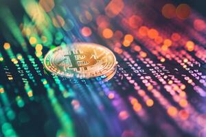 A golden Bitcoin is positioned against a backdrop of flowing digital data, illuminated by vibrant colors that symbolize the dynamic world of cryptocurrency amidst technology photo