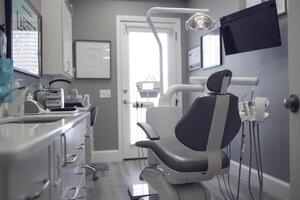 This contemporary dental office showcases a well-equipped treatment area with a comfortable patient chair and natural light streaming through the windows, creating a calming environment for visits photo