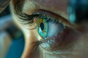 A close-up view highlights the intricate colors and textures of a human eye, capturing the unique patterns and reflections in natural light photo