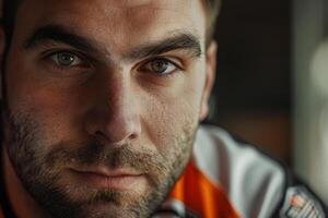 A man with a serious expression and stubble gazes directly at the viewer while sitting in a cafe illuminated by soft afternoon light, creating a contemplative mood photo