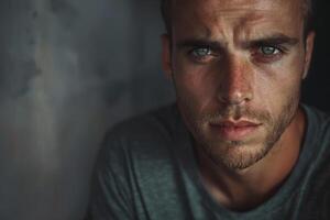 A young man gazes intensely towards the camera, showcasing his deep blue eyes and rough stubble in a moody, shadowy background that highlights his contemplative expression photo