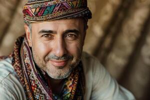 The man exudes warmth with a genuine smile, dressed in colorful traditional attire that reflects his culture. The textured background adds depth to the portrait photo