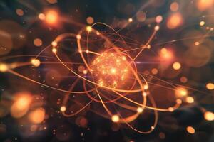 Energetic particles dance around the nucleus of an atom, creating a dynamic and colorful representation of atomic structure against a dark background filled with cosmic elements photo