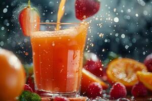 A refreshing glass of fruit juice is poured with splashes, surrounded by strawberries, raspberries, and orange slices on a kitchen countertop photo
