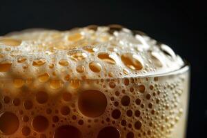 A detailed close-up showcases the rich texture of beer bubbles forming and rising in a glass, highlighting the amber liquid and the inviting atmosphere of a pub photo