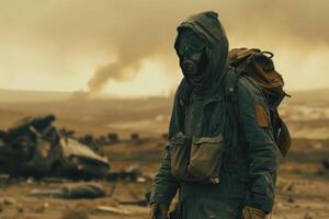 A lone figure in a gas mask and protective clothing stands amidst the ruins of a devastated area, with dark clouds and smoke lingering in the sky, suggesting a grim aftermath photo
