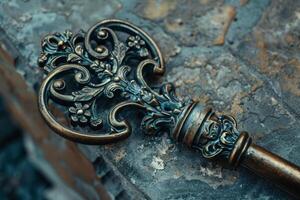 The antique key features elaborate floral designs and rests on a rugged stone surface, illuminated by gentle natural light that enhances its intricate details and texture photo