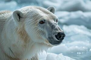 The polar bear stands quietly among the icy terrain, droplets of water forming from its mouth as it observes its surroundings. A calm atmosphere envelopes the scene photo
