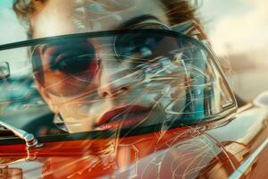 A woman in stylish sunglasses gazes thoughtfully out the window of a classic car, capturing the essence of a warm summer evening drive by the coast photo