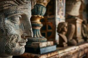Detailed stone sculptures are showcased in a museum, reflecting rich history and artistry from ancient times, with careful attention to their craftsmanship and wear photo