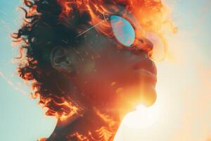 The individual looks upward, framed by bright sunlight and vivid colors, creating a striking contrast with the curly hairstyle and sunglasses, capturing a moment of tranquility photo