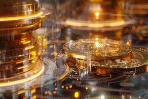 Stacks of golden coins symbolize Bitcoin as technology illuminates the background, highlighting the growing interest in cryptocurrency and its digital landscape photo