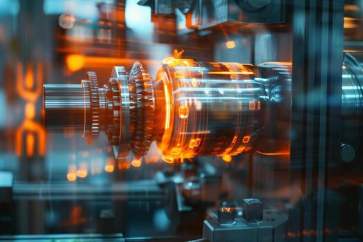 A complex mechanical device operates within a factory, showcasing intricate components illuminated by warm orange light, indicative of high-energy production photo