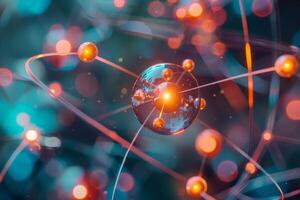 A dynamic representation of an atomic model featuring a central sphere with orbiting electrons, highlighted by vibrant colors, conveying scientific concepts of chemistry and physics photo